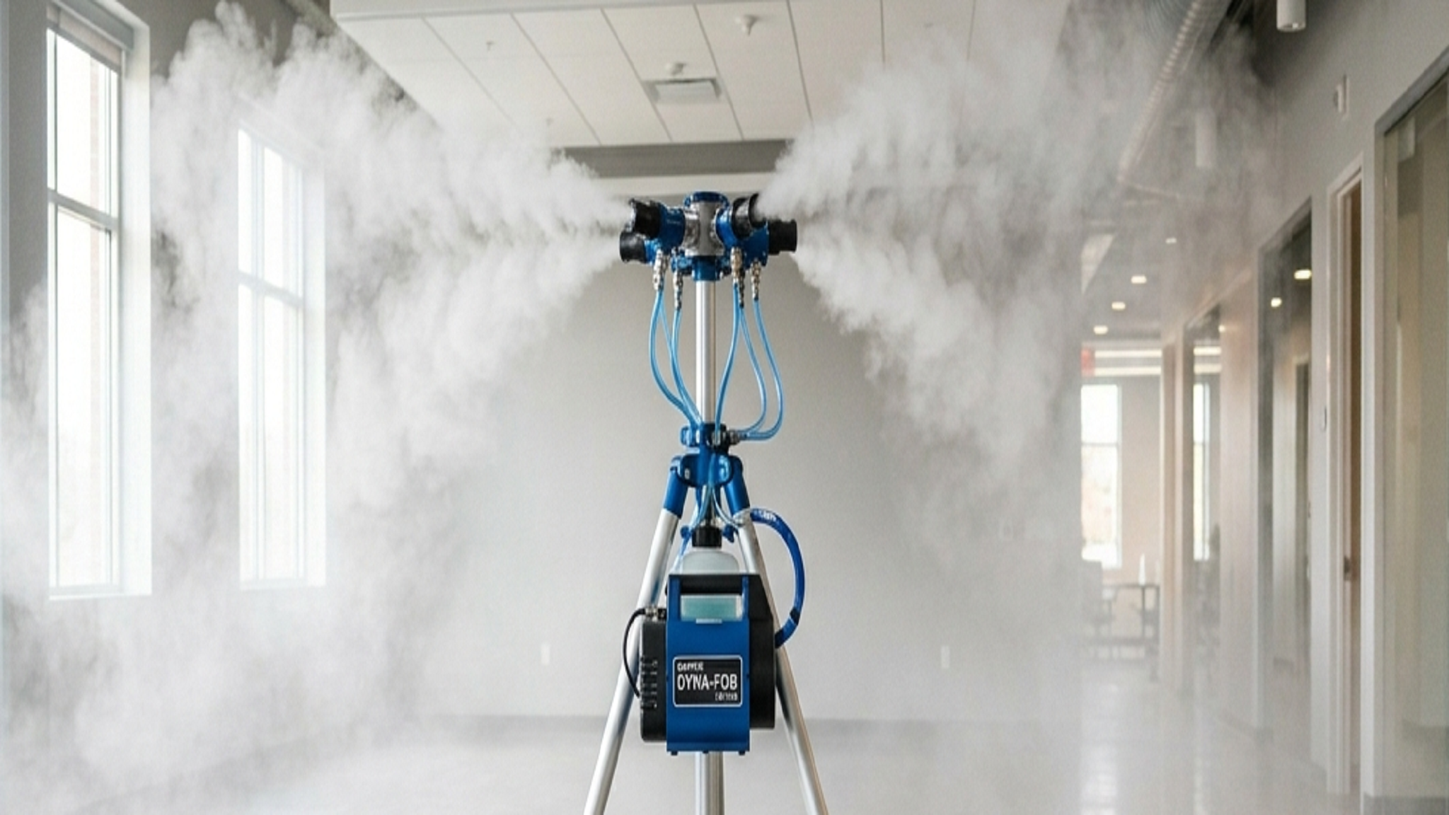 Sanitation worker in hazmat suit uses fogging machine.
