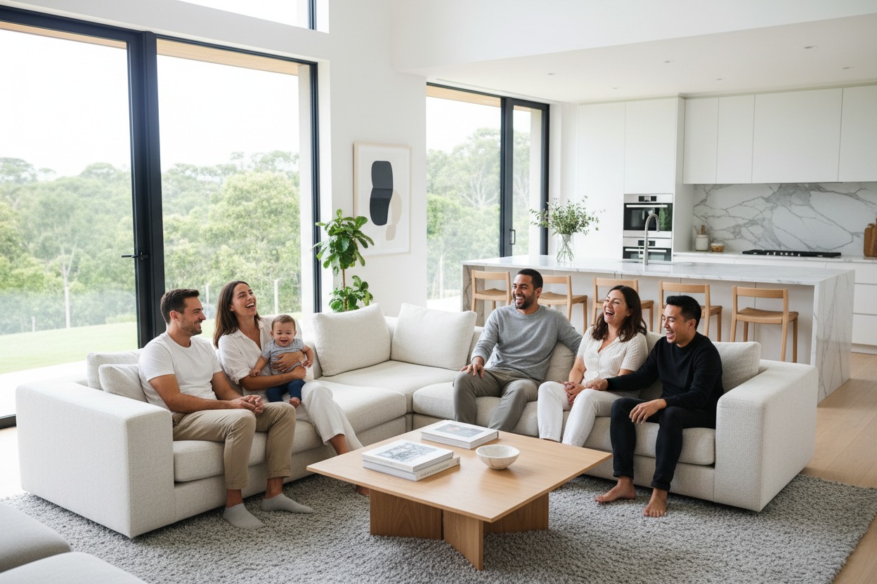 A family of six adults and one baby relax and laugh together on a large white sectional sofa in a sunlit, modern living room.