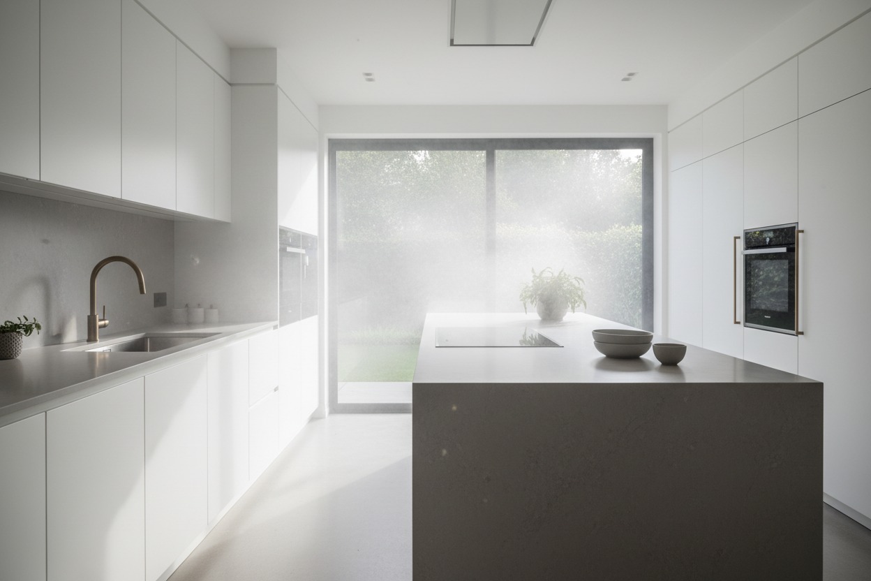 A minimalist white kitchen features a central island with a stovetop and sliding glass doors that open to a green garden.