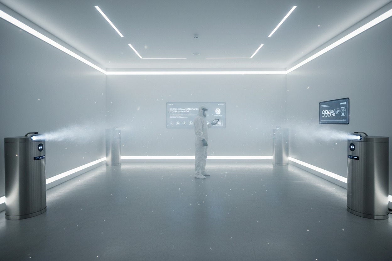 A technician in a white protective suit stands in a brightly lit, sterile room while two silver dispensers spray a fine mist into the air.