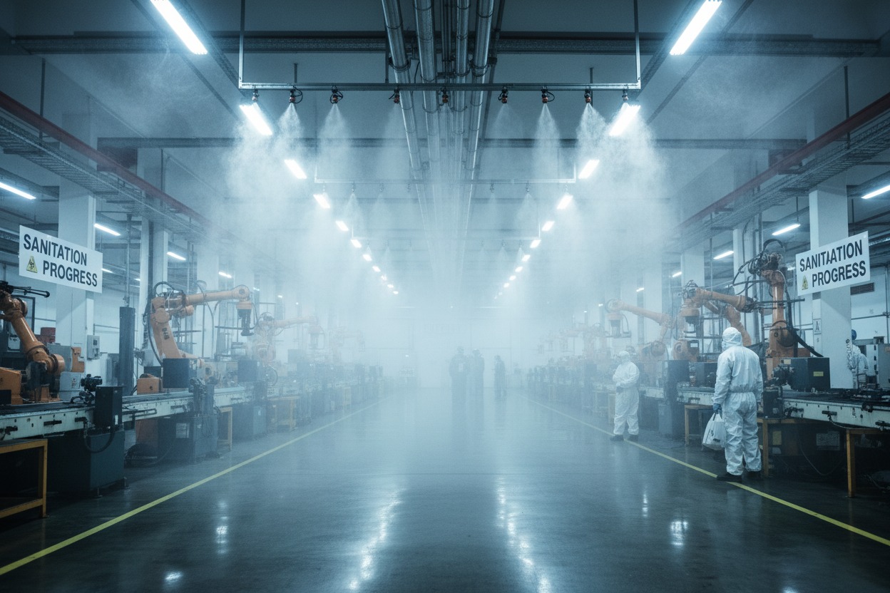 Overhead spray nozzles mist disinfectant across a wide industrial factory floor lined with robotic assembly arms.