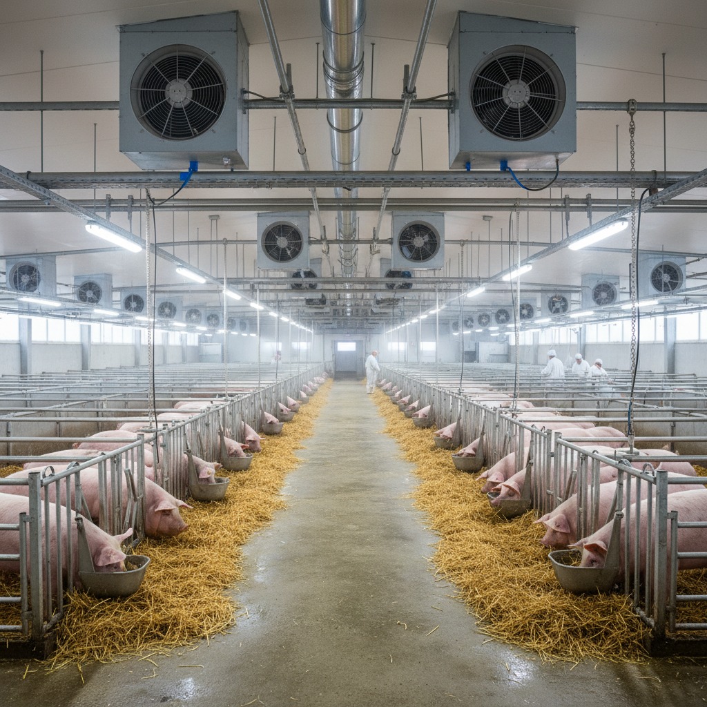 Rows of metal pens house pink pigs over straw bedding inside a large, modern barn with ventilation fans on the ceiling.