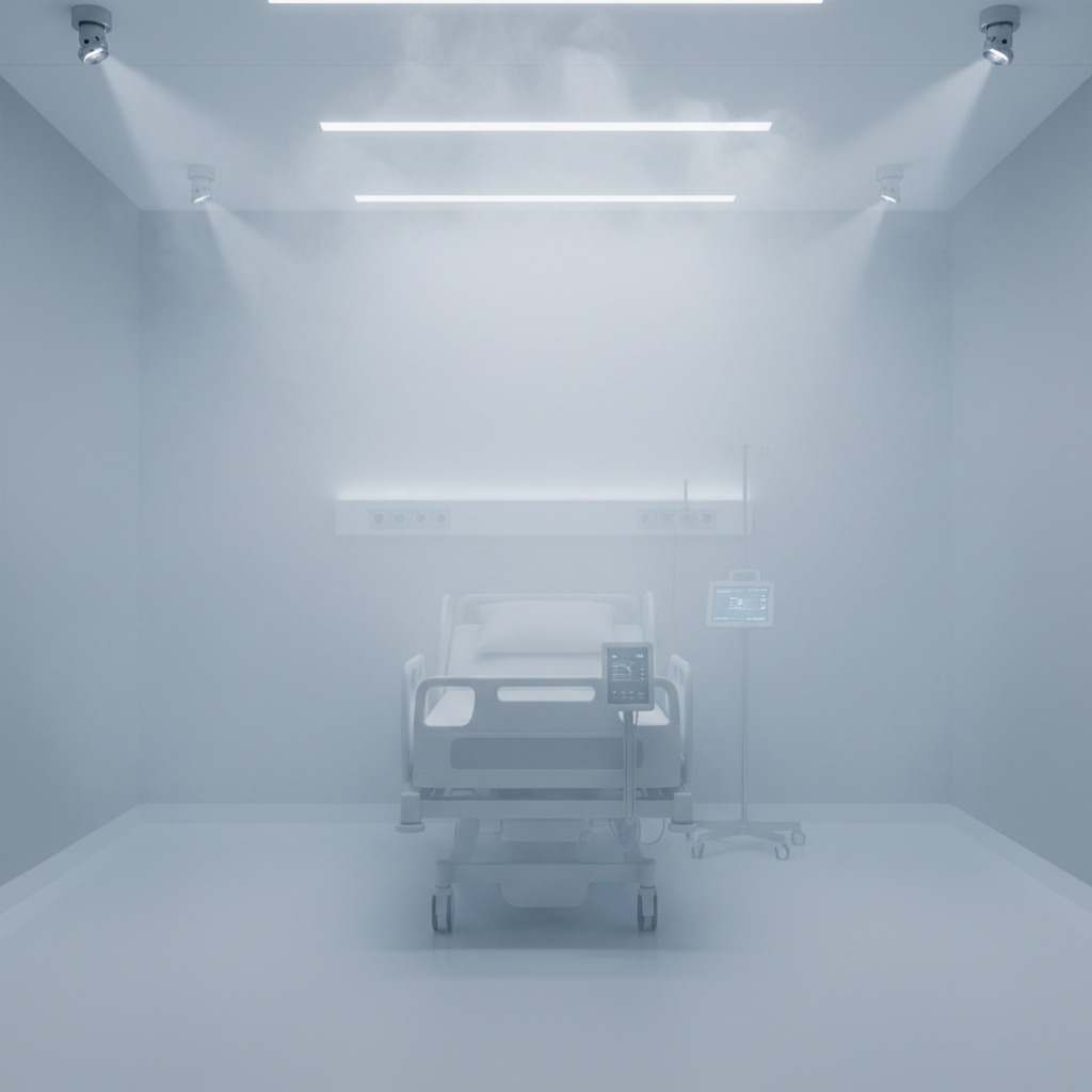 A hospital bed sits in the center of a sterile, mist-filled room under bright ceiling lights.