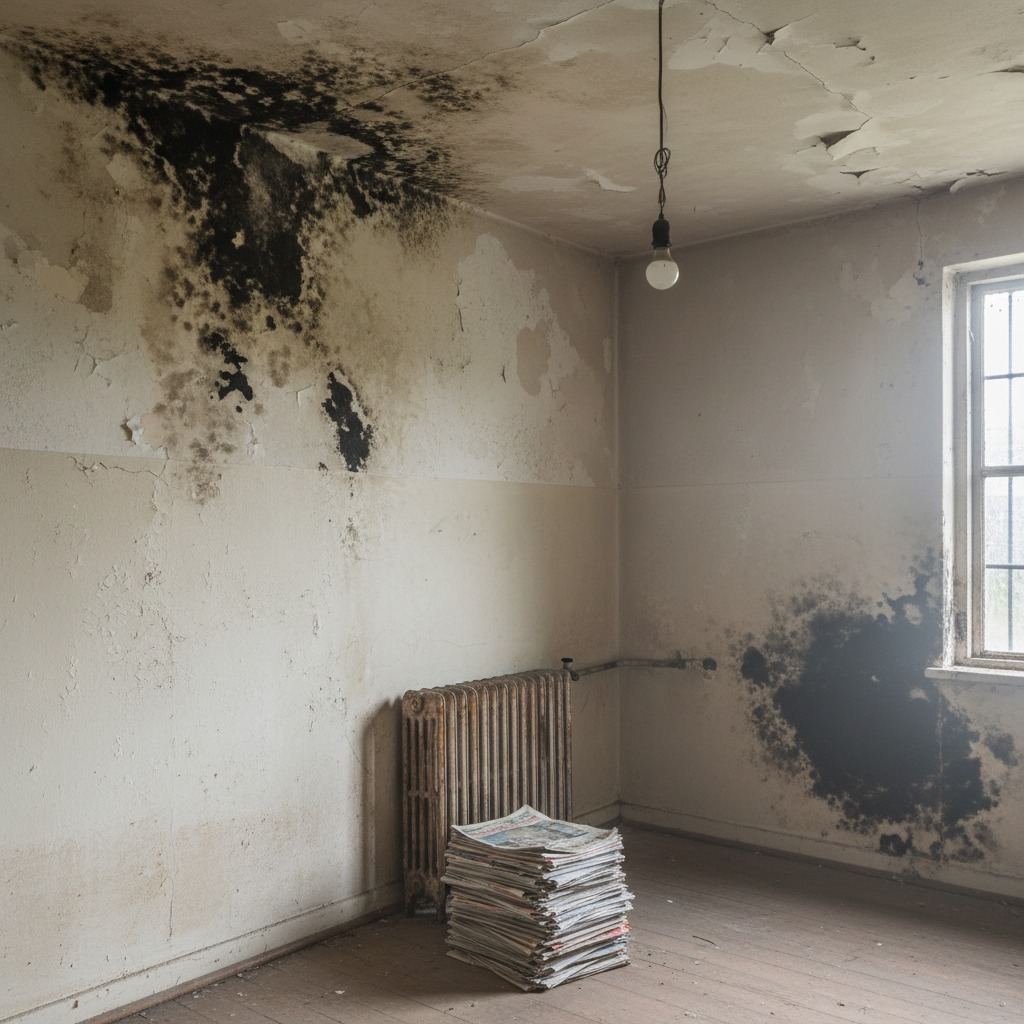 A rundown room features extensive black mold on the cracked walls, a lone radiator, a stack of newspapers on the wooden floor, and a bare light bulb hanging from the ceiling.