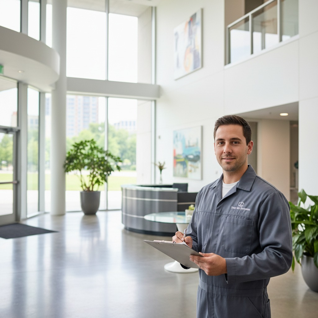 A smiling man wearing a gray jumpsuit and holding a clipboard stands in a modern, sunlit lobby.