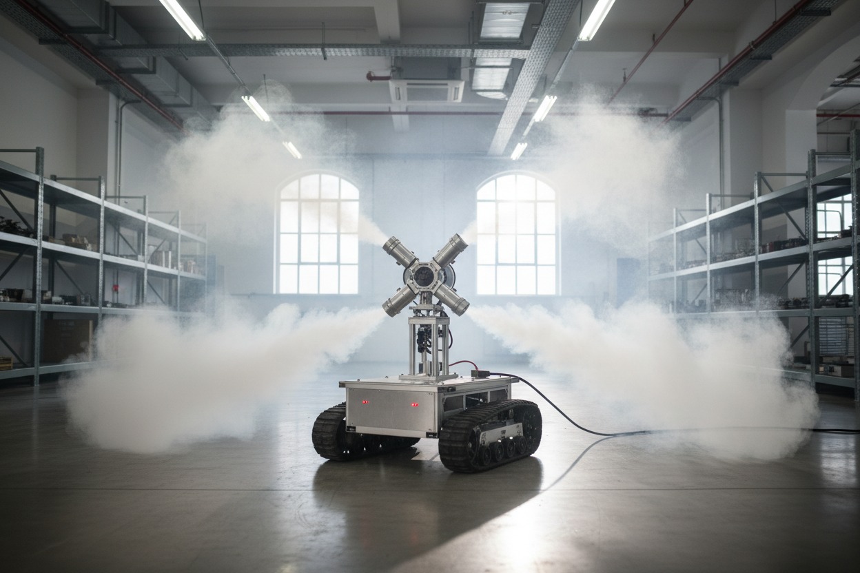 A tracked robot discharges plumes of white mist from four nozzles in a warehouse.