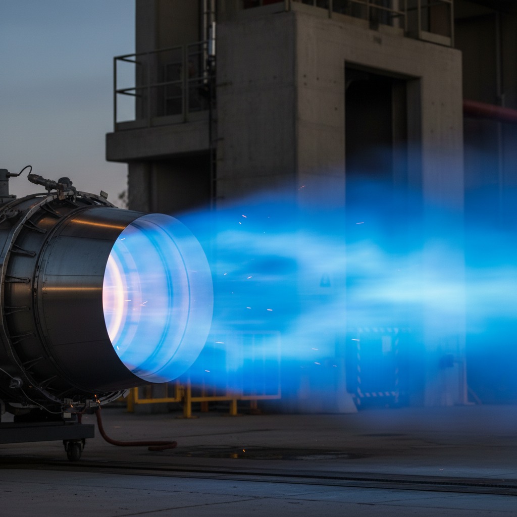 A jet engine undergoes a ground test, emitting a bright blue flame from its exhaust.