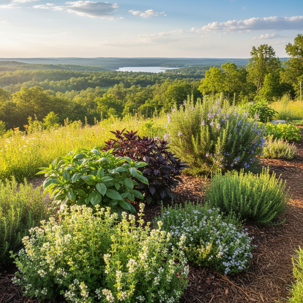 Various herbs grow in a garden bed overlooking a vast forest and a distant lake under a partly cloudy sky.