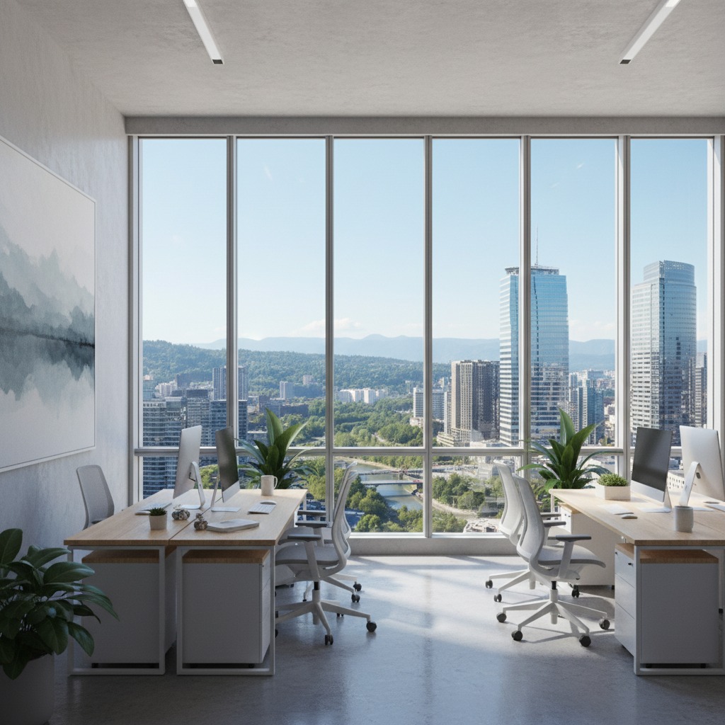 A modern office with wooden desks, computers, and large floor-to-ceiling windows overlooking a city skyline and mountains.
