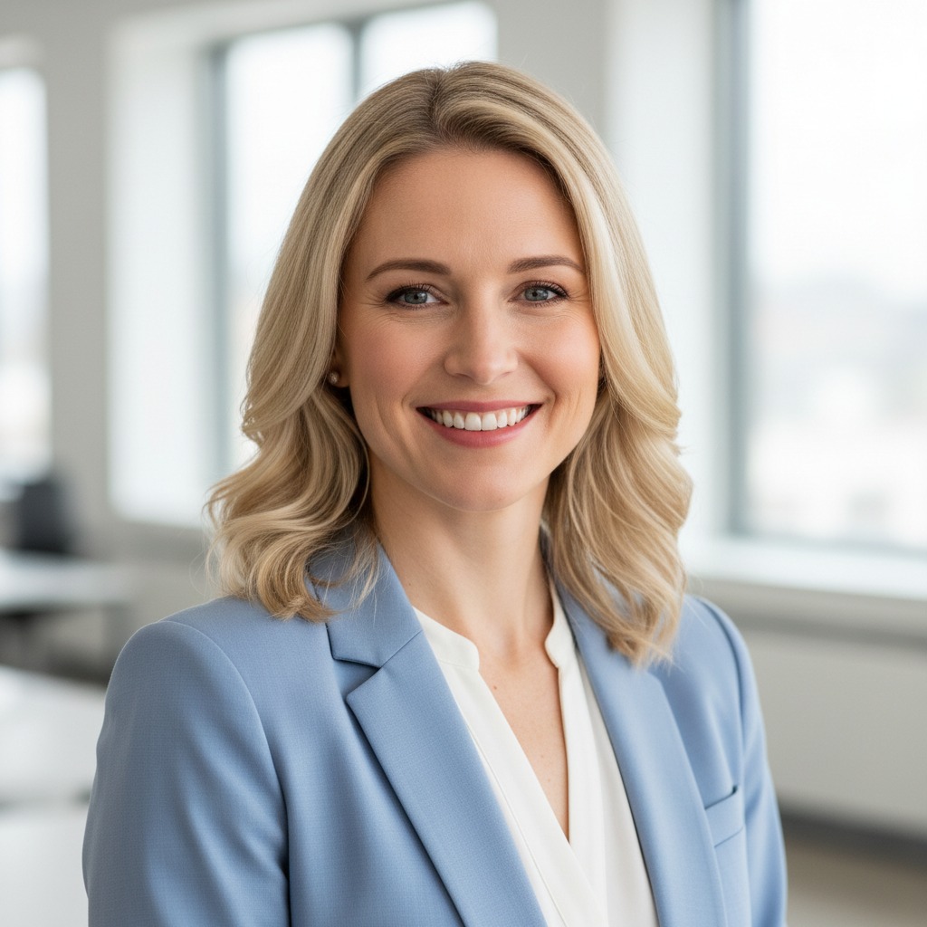 A smiling blond woman in a blue blazer stands in an office.