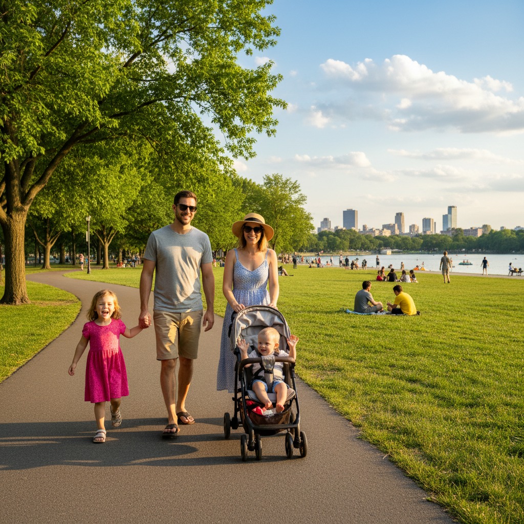 A family of four walks along a paved path in a sunny park beside a large grassy field and a skyline.