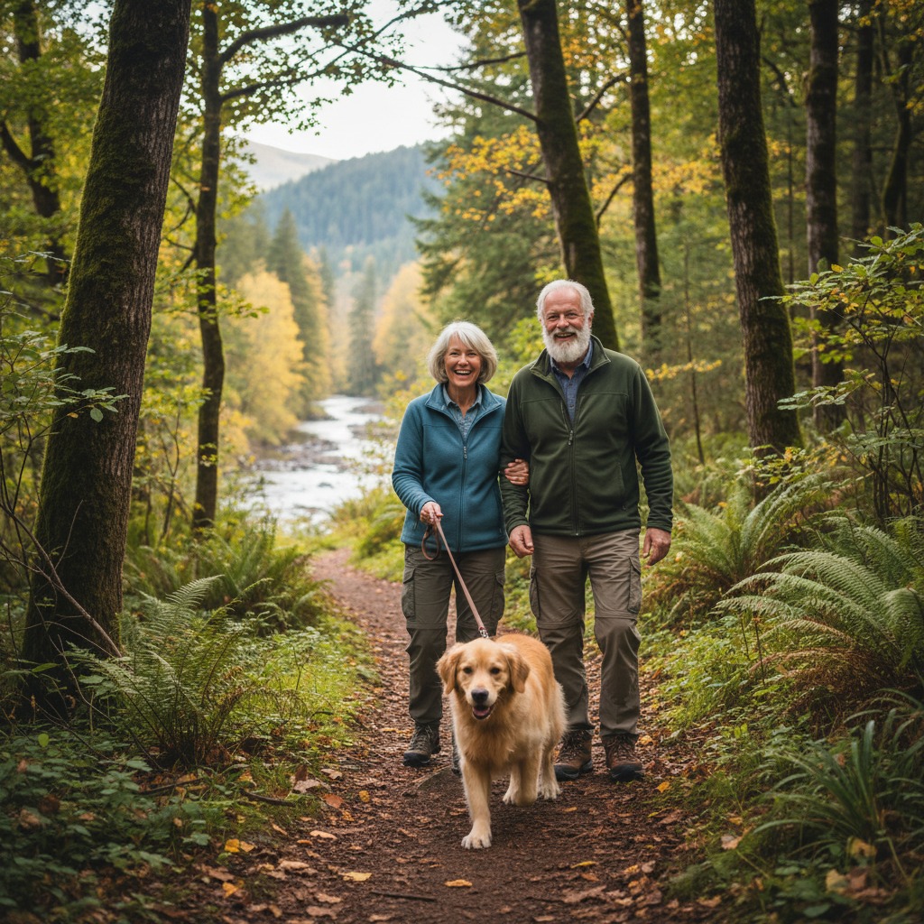 An older couple with a golden retriever walk along a wooded path near a river.