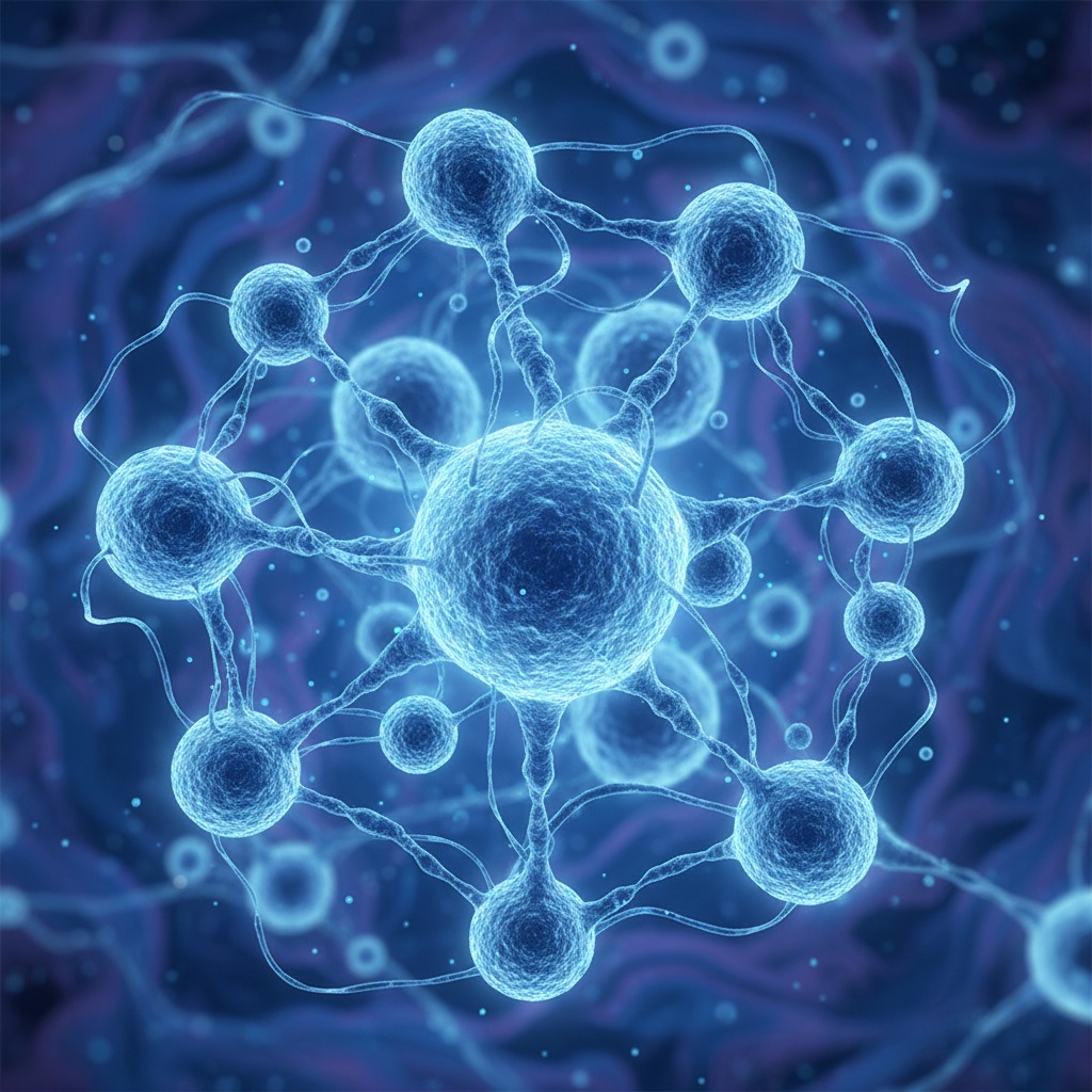 A close-up 3D rendering shows a network of interconnected blue neurons against a dark blue, out-of-focus background.