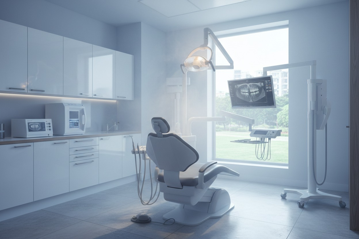 A modern dental office features a reclining patient chair, white cabinetry, and an X-ray screen in front of a large window.